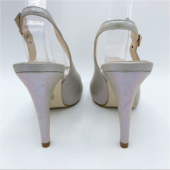 Lulu Townsend Tara Iridescent Silver Sling Back Peep Toe Platform Evening Heels - Picture 5 of 15